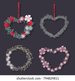 St. Valentine's Day floral wreaths set in the shape of heart and circle. Vector cartoon design elements for holidays, weddings, invitations, birthdays, etc.