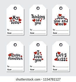 St Valentine's day gift tags. Printable tags collection. Love, romantic, wedding theme. Hand drawn holiday label. Handdrawn lettering phrase. Love wish