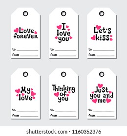 St Valentine's day gift tags. Printable tags collection. Love, romantic, wedding theme. Hand drawn holiday label. Handdrawn lettering phrase. Love wish. Pink hearts
