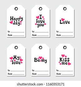 St Valentine's day gift tags. Printable tags collection. Love, romantic, wedding theme. Hand drawn holiday label. Handdrawn lettering phrase. Love wish. Pink hearts