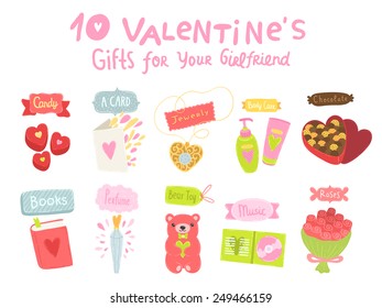 St Valentines day gifts for the girl - candy, postcard, jewelry, body care, chocolate, book, parfume, bear toy, music disk, roses