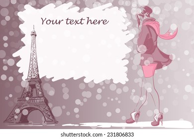 St. Valentine's  day graphic design with Eiffel tower and a young romantic girl, walking through the snow. EPS 10 vector illustration.
