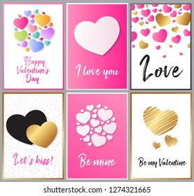 St. Valentine's day greeting card set with hearts. Gold, black, pink, white colors. Gift tags with golden texture. Design for valentine's day, wedding, birthday party. Vector illustration.