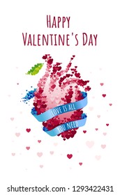 St Valentine's day greeting card with blue ribbon and anatomical human heart. Vector illustration collection