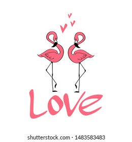 St. Valentines day greeting card. Two cute hand drawn flamingos, lettering and heart shapes. Vector illustration.