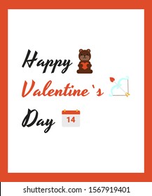 St. Valentine's day greeting card. Happy bear holds heart, bow and arrows and calendar. Flat vector modern illustration design minimalism.