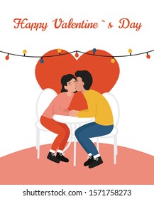 St. Valentine's day greeting card. Happy couple woman and man in love in cafe hold hands and kissing. Fall in love Flat vector modern illustration.
