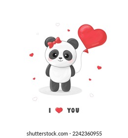 St Valentine's day greeting card with cute panda girl with heart shaped balloon isolated on white background, watercolor effect, vector illustration. I love you