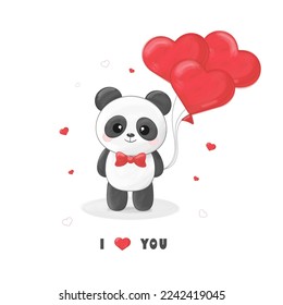 St Valentine's day greeting card with cute panda boy with three heart shaped balloons isolated on white background, watercolor effect, vector illustration. I love you