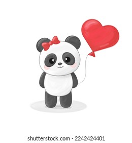 St Valentine's day greeting card with cute panda girl with heart shaped balloon isolated on white background, watercolor effect, vector illustration.