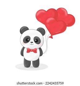 St Valentine's day greeting card with cute panda boy with three heart shaped balloons isolated on white background, watercolor effect, vector illustration. 