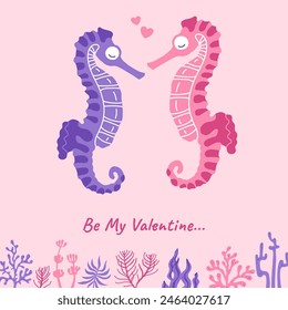 St. Valentines Day greeting card with sea horse. Ocean animal couple of seahorses funny flat cartoon valentine design. Comic cute drawing postcard. Marine animal hand drawn art vector illustration