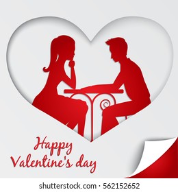 St. Valentine's day greeting card. Couple in love sharing romantic dinner. Paper cutting design