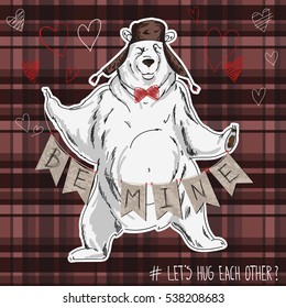 St Valentine's day greeting card.Banner with cartoon bear and checkered background