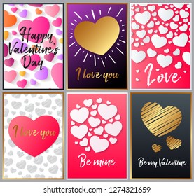 St. Valentine's day greeting cards set with text. Vector illustration of hearts on gradient background. Invitation card, poster collection with love theme. 