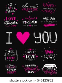 St. Valentine's Day hand lettered love confession greeting labels. Vector love lettering collection