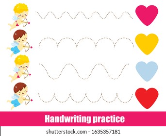 St Valentines day handwriting practice sheet. Educational children game. Preschool Tracing for kids and toddlers
