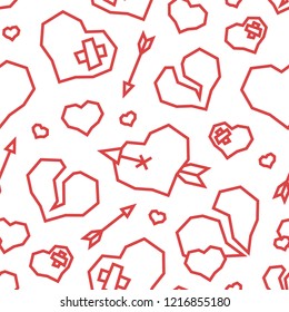 St. Valentine's Day Hearts Low Poly Seamless Pattern White Background