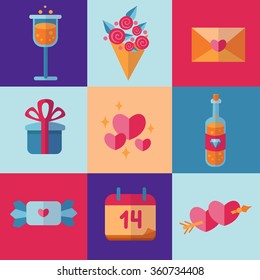 St Valentine's Day icons in flat style and pretty bright colors. a glass of champagne, flower bunch, love letter, gift, hearts, candy, calendar