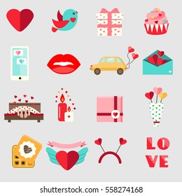 St Valentine's day icons. Set of colorful flat romantic, love holidays symbols. Cupcake, hearts, envelope, candles and other traditional design elements, stickers for weddings, invitations and etc