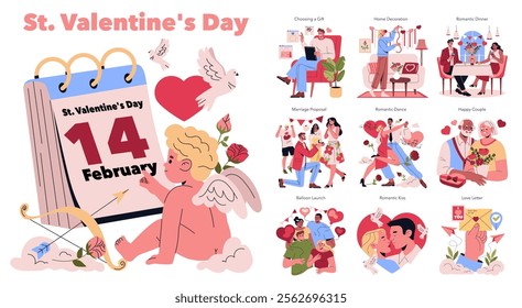 St. Valentine's Day illustration. Celebrating love through various activities such as gift selection, marriage proposals, romantic dinners, and special moments among couples. Illustrates joy