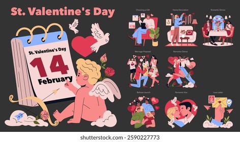 St. Valentine's Day illustration. Celebrating love and romance on February 14th through various activities. Couples express affection through gifts, proposals, romantic dinners, and special moments