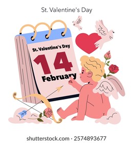 St. Valentine's Day illustration. A cheerful cherub marks February 14 on a calendar, surrounded by love symbols like hearts, roses, and doves. This festive design captures the joyful spirit of romance