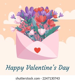 St. Valentine's Day illustration design with pink open envelop red flowers with green leaves on beige backdrop. Concept with decorative clouds and hearts on the back. Greeting card