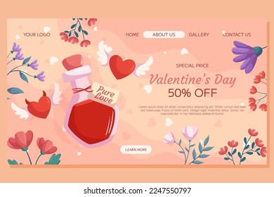 St. Valentinstag Landing Page Template Design. Liebe Tränke Flasche zwei Herz mit Flügel Dämon und Engel, floraler Rahmen auf beigem Rücken. Spezielles Preiskonzept für Online-Shopping 