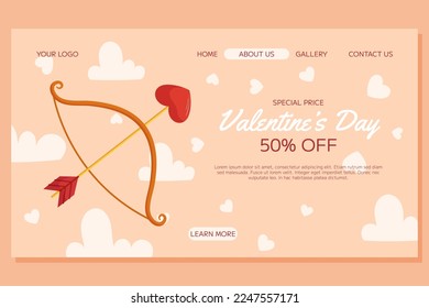 St. Valentine's Day Landing page template design. Bow and arrow with a heart-shaped arrowhead, clouds and heart around on beige back. Special Price concept online shopping 