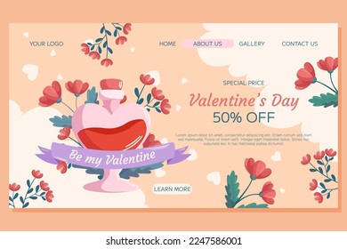 St. Valentine's Day Landing page template design. Love potion bottle concept illustration with red flowers behind it with ribbon on beige backdrop. Special Price concept online shopping 