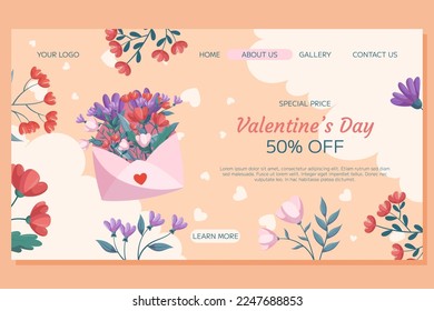 St. Valentine's Day Landing page template design with pink open envelop red flowers green leaves  beige backdrop floral frame. Special Price concept online shopping with decorative clouds and hearts 