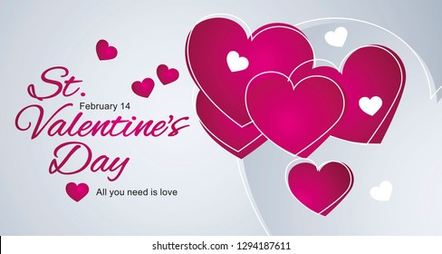 St Valentine's Day Love hearts pink grey landscape greeting card