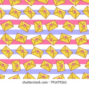 St. Valentine's day love letters on pink and blue stripes seamless vector pattern