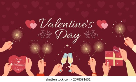 St. Valentine's Day. Male And Female Hands Are Holding A Gift, Glasses Of Champagne, Greeting Card, Sparklers. Flat Vector Illustration.