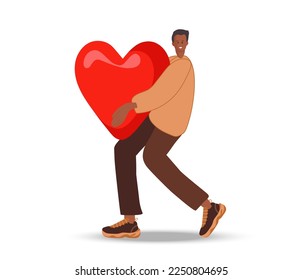 St. Valentine's Day. Man Carrying Huge Heart. Loving Boyfriend. Smiling young guy with Symbol of love. Holiday Flat vector illustration. Human Relationships. Greeting card for traditional holiday.