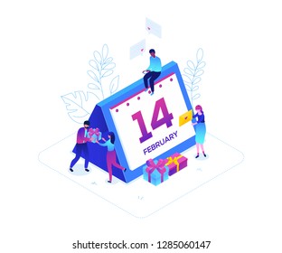 St Valentines day - modern colorful isometric vector illustration on white background. A composition with male, female characters with presents, writing love emails, calendar showing 14th of February