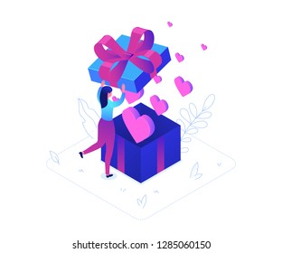 St Valentines day - modern colorful isometric vector illustration on white background. High quality composition with a woman, girl opening a big present, images of pink hearts flying from the box