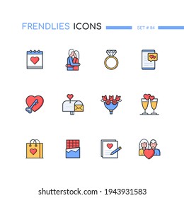 St. Valentines Day - modern line design style icons set. Love, relationships idea. Colorful images of a couple, calendar, letter, present, chatting, mail box, ring, flowers, glasses, kiss, chocolate