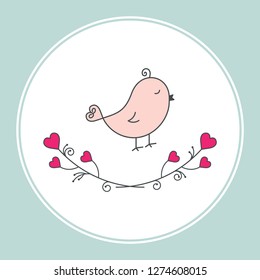 St Valentine's Day or Mother Day greeting card template with love bird and heart ornament. Rose, pink, white and baby blue colors