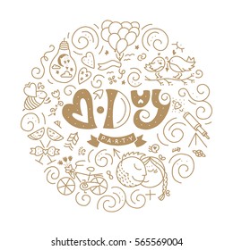 St. Valentines Day PARTY. Romantic vector typography. Lettering made by hand. Hand drawn illustration for postcard, save the date card, romantic housewarming poster.