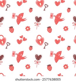 St valentines day pattern. Love hearts, balloons, birds and other romantic symbols. Vector illustration in flat style.