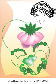 St. Valentine's Day postcard - girl, hearts and flower
