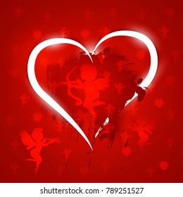 St. Valentine's Day red background abstraction white heart transparent angels