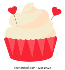 St Valentine's day, romantic, love cupcake. Design element, icon, vector illustration. Sweet bakery with heart shape decoration