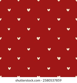 St Valentine's Day romantic pattern. Beige hearts on dark red background. Cute vector seamless texture. Template for holiday wrapping paper or textile