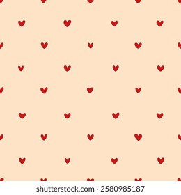 St Valentine's Day romantic pattern. Red hearts on beige background. Cute vector seamless texture. Template for holiday wrapping paper or textile