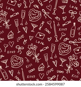 St Valentine's Day romantic pattern. Hand-drawn vector doodles on dark red background. Cute seamless texture with valentines gifts, hearts, sweets. Template for holiday wrapping paper or textile