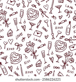 St Valentine's Day romantic pattern. Hand-drawn vector doodles on white background. Cute seamless texture with valentines gifts, hearts, sweets. Template for holiday wrapping paper or textile