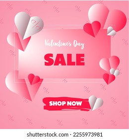 St Valentine's day sale banner template. Pink background with hearts and percent signs. Usable for banners, social media, flyers, posters, advertisements, vouchers, websites, coupons